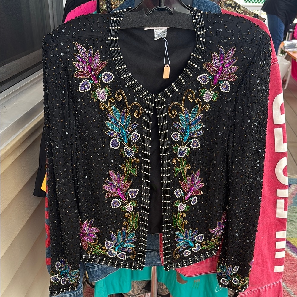 VINTAGE Black Beaded Floral Cardigan